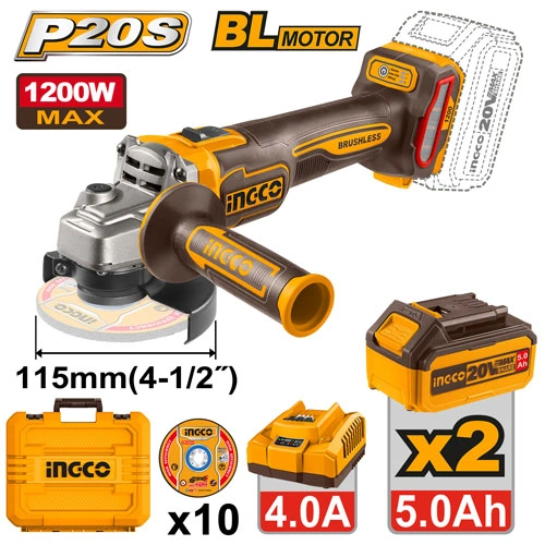AMOLADORA BRUSHLESS 20V P20S + 2 BAT 5AH + 1 CARGADOR 4 AH + DISCOS Y MALETA EQUIV A 1200W