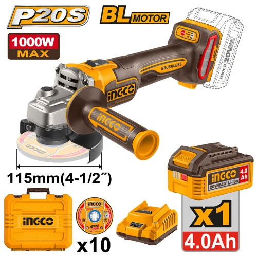AMOLADORA BRUSHLESS 20V P20S + 1 BAT + CARGADOR + DISCOS Y MALETA EQUIV A 1000W