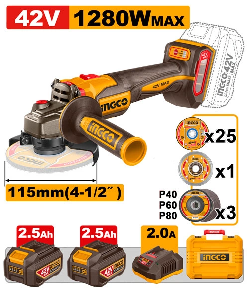 AMOLADORA ANGULAR A BATERIA BRUSHLESS 42V 1280W + 2BAT 2.5AH + CARGADOR C/ACCESORIOS