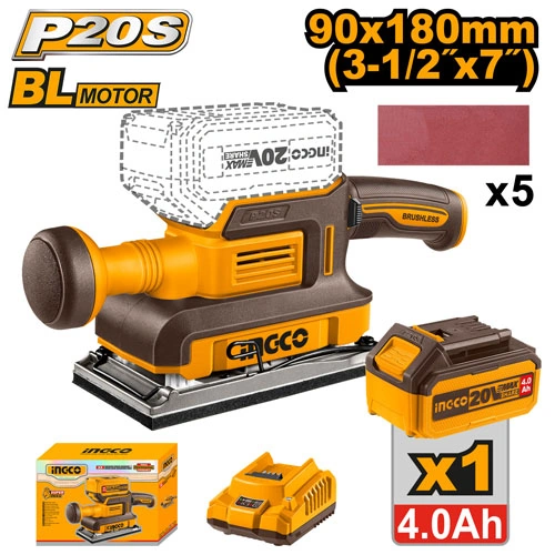 LIJADORA ORBITAL BRUSHLESS MOTOR 20V P20S C/BAT + CARGADOR + 5 LIJAS