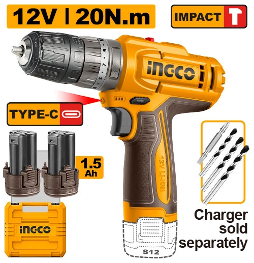 TALADRO ATORN. C/ PERCUTOR A BATERIA 12V 20NM C/ 2 BAT 1.5AH + MECHAS + VALIJA S/CARGADOR