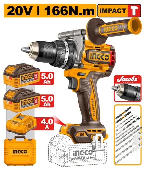 TALADRO CON PERCUTOR DE 166NM 20V + 2BAT 5AH + CARGADOR