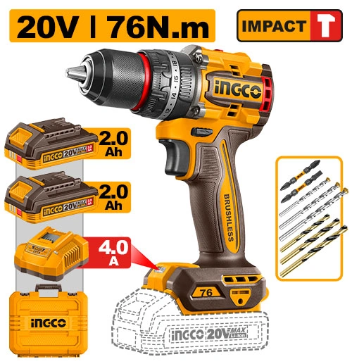 TALADRO PERCUTOR 20V DE 76NM + 2BAT 2AH + CARGADOR Y ACCESORIOS