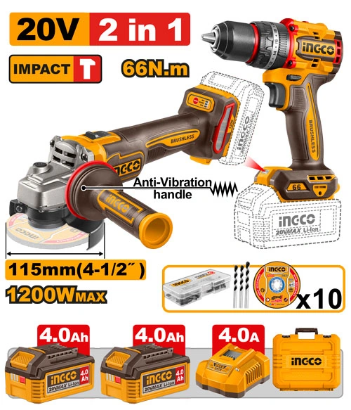 KIT AMOLADORA 1200W + TALADRO DE IMPACTO CARGADOR + 2 BAT 4AH + ACCESORIOS