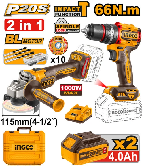 KIT DE TALADRO DE 66N.m CON PERCUTOR 1/2 + AMOLADORA 1000W 4 1/2" DE 20V
