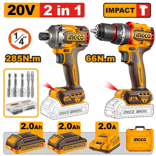 TALADRO DE IMPACTO 20V+ATORNILLADOR DE IMPACTO 285NM 2X2.0, CARGADOR+ESTUCHE