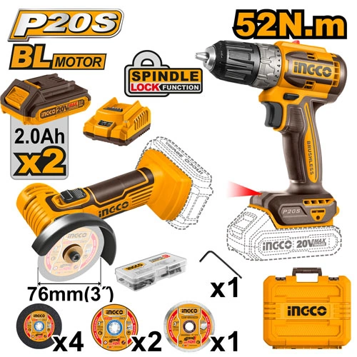 KIT MINI AMOLADORA INGCO 20V + ATORNILLADOR BRUSHLESS 20V