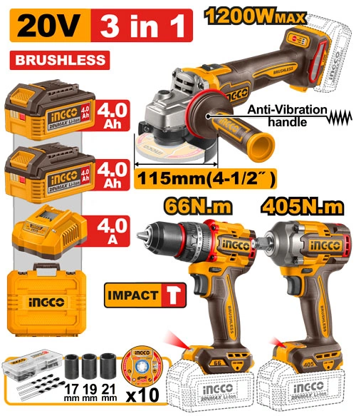 KIT AMOLADORA 4 1/2" + TALADRO 66NM + LLAVE DE IMPACTO 405NM + ACCESORIOS