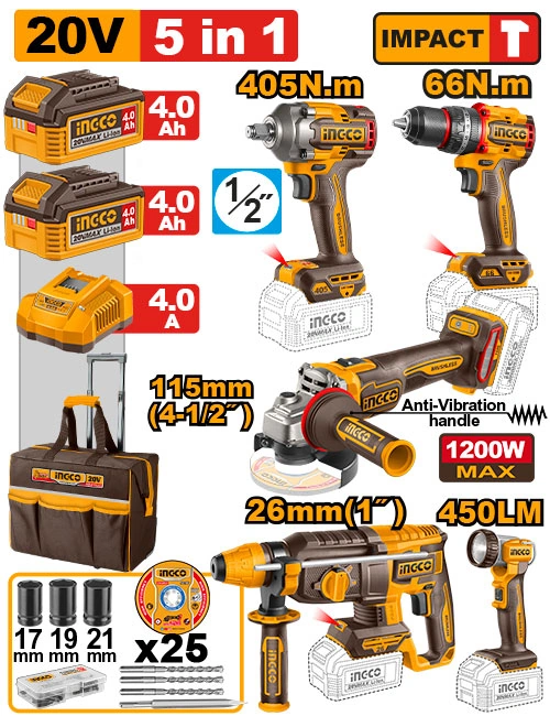 KIT COMBINADO 5 EN 1 LLAVE DE IMPACTO 405NM + TALADRO PERCUTOR 66NM + AMOLADORA 4 1/2" 1200W + ROTOMARTILLO Y LINTERNA DE 450LM Y ACCESORIOS