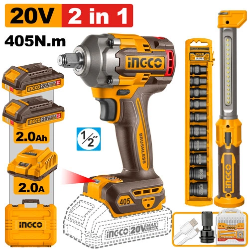 LLAVE DE IMPACTO DE 405NM +LINTERNA + DADOS DE IMPACTO 1/2" + 2BAT 2AH + CARGADOR