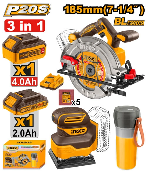 SIERRA CIRCULAR 7 1/4" BRUSHLESS + LIJADORA ORBITAL 20V+ 2 BATERIAS 2AH + LICUADORA