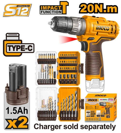 TALADRO DE IMPACTO INALÁMBRICO INGCO 12 V 20 NM CON 2 BATERÍAS DE 1,5 AH Y 49 PUNTAS DE DESTORNILLADOR DE IMPACTO