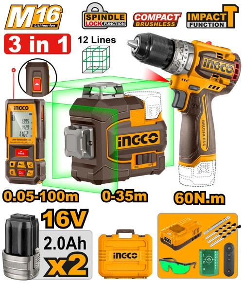 KIT 16V (TALADRO 60NM + NIVEL LÁSER 12 LÍNEAS + MEDIDOR LÁSER 100M)