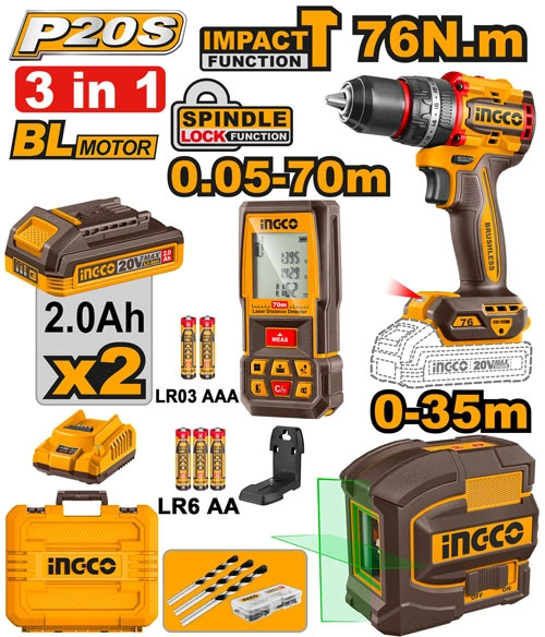 KIT: TALADRO 76NM + NIVEL LÁSER 2 LÍNEAS + MEDIDOR LÁSER 70M)
