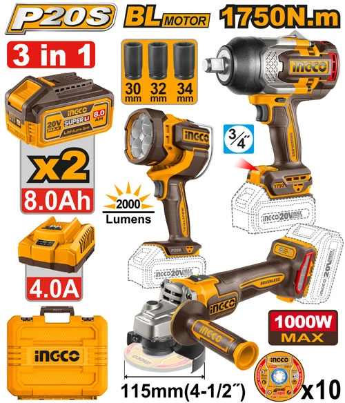 KIT: LLAVE DE IMPACTO DE 3/4" DE 1750N.m. + LINTERNA 2000 LUMENS + AMOLADORA 4 1/2" A BATERÍA DE 1000W MAX