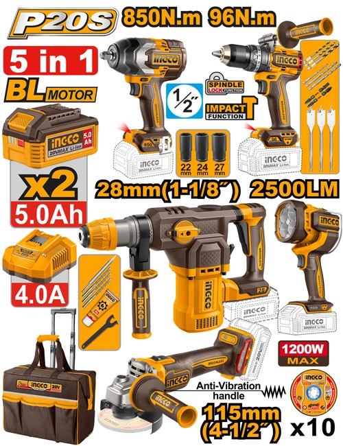 KIT DE LLAVE DE IMPACTO + TALADRO 96NM + ROTOMARTILLO +AMOLADORA 1200W + CARGADOR 4AH + 2BAT 5AH CON ACCESORIOS
