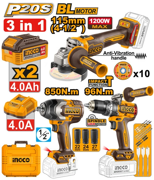 TALADRO PRERCUTOR 96NM + LLAVE IMPACTO 850NM + AMOLADORA 20V