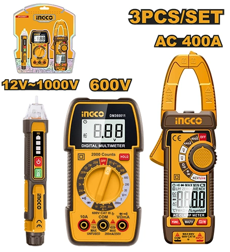 KIT DE PRUEBA DE DETECTOR Y PINZA AMPERIMÉTRICA DE CA MULTÍMETRO DIGITAL DE 3 PIEZAS INGCO