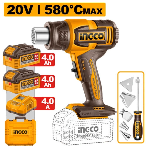 PISTOLA DE CALOR 20V P20S 580 °C + BATERIA 4AH + CARGADOR