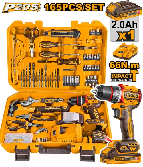 KIT DE HERRAMIENTAS DE 165PCS + TALADRO DE 66N.m DE 20V