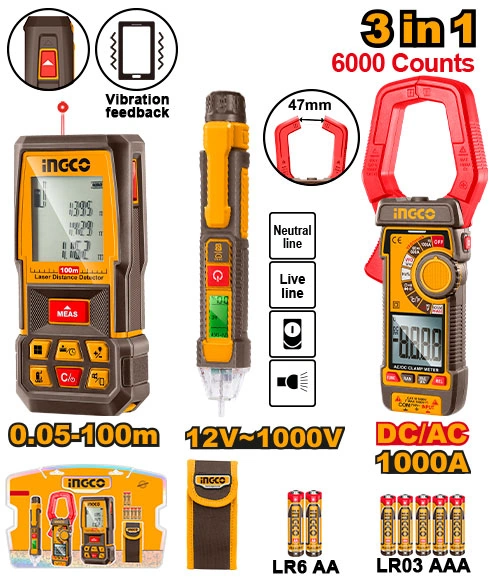MEDIDOR LÁSER 100M + PINZA AMPERIMÉTRICA + DETECTOR DE TENSIÓN