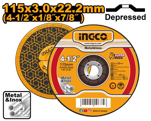 DISCO CORTE METAL 4½ X 3MM INGCO CENTRO DEPRIMIDO 115X3MMX2 2,2MM