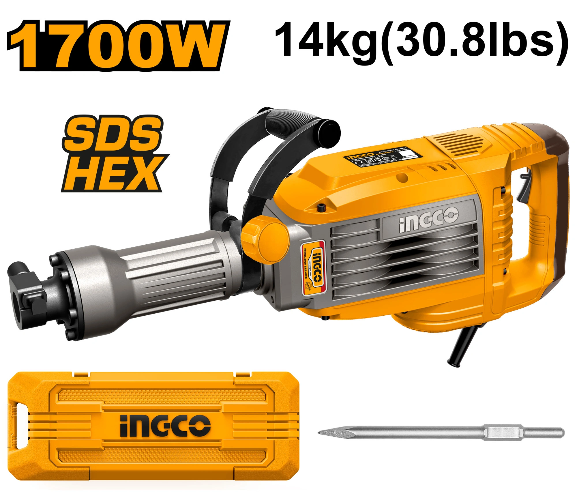 MARTILLO DEMOLEDOR 50J 1700W 14KG SDS HEX C/VALIJA Y PUNTA